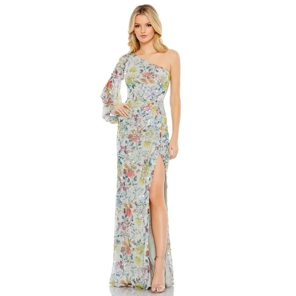 MAC DUGGAL Sequin Floral Print One Shoulder Gown - Picture 2 of 3